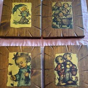 Set of four Vintage Wooden Plaques with decoupaged whimsical Hummel images